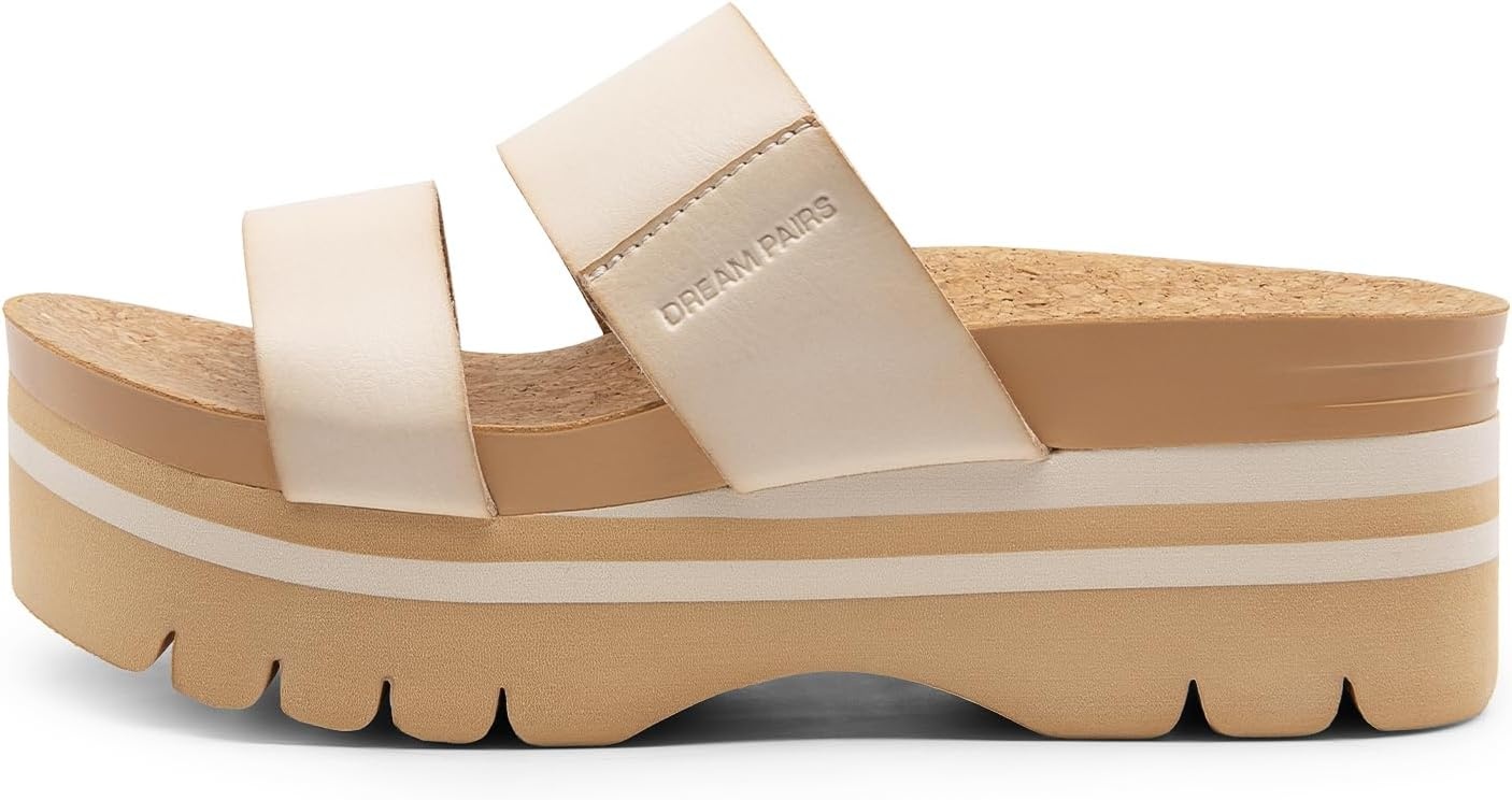 image:imageDREAM PAIRS Womens Platform Slides Sandals Comfortable Arch Support Two Strap Slip On Fashion Beach Wedge SandalsBeige
