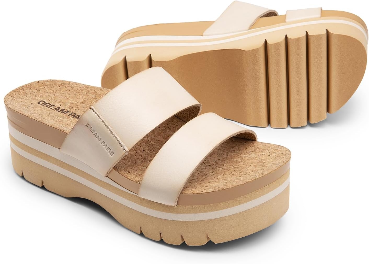 image:imageDREAM PAIRS Womens Platform Slides Sandals Comfortable Arch Support Two Strap Slip On Fashion Beach Wedge SandalsBeige
