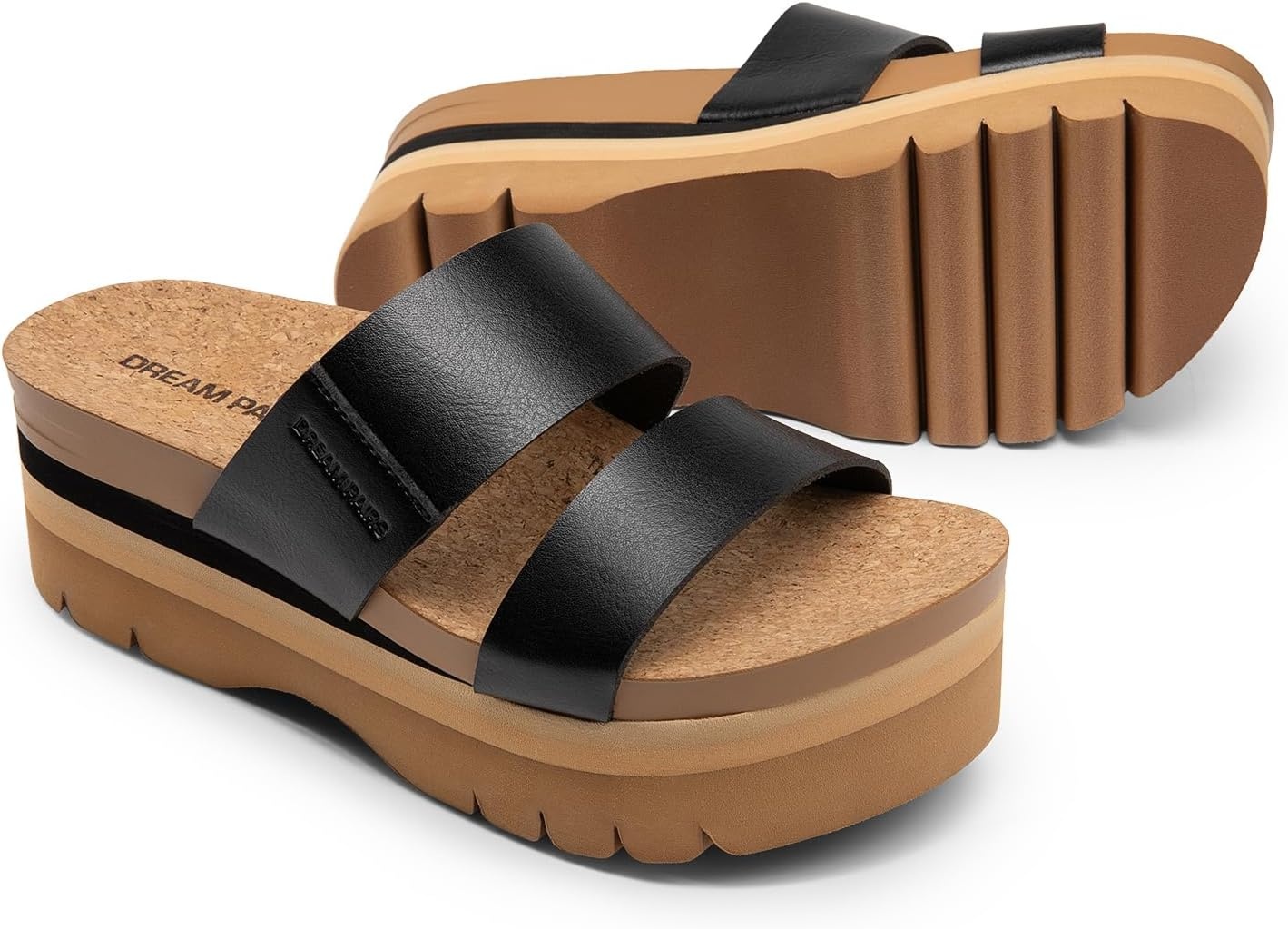 image:imageDREAM PAIRS Womens Platform Slides Sandals Comfortable Arch Support Two Strap Slip On Fashion Beach Wedge SandalsBlack