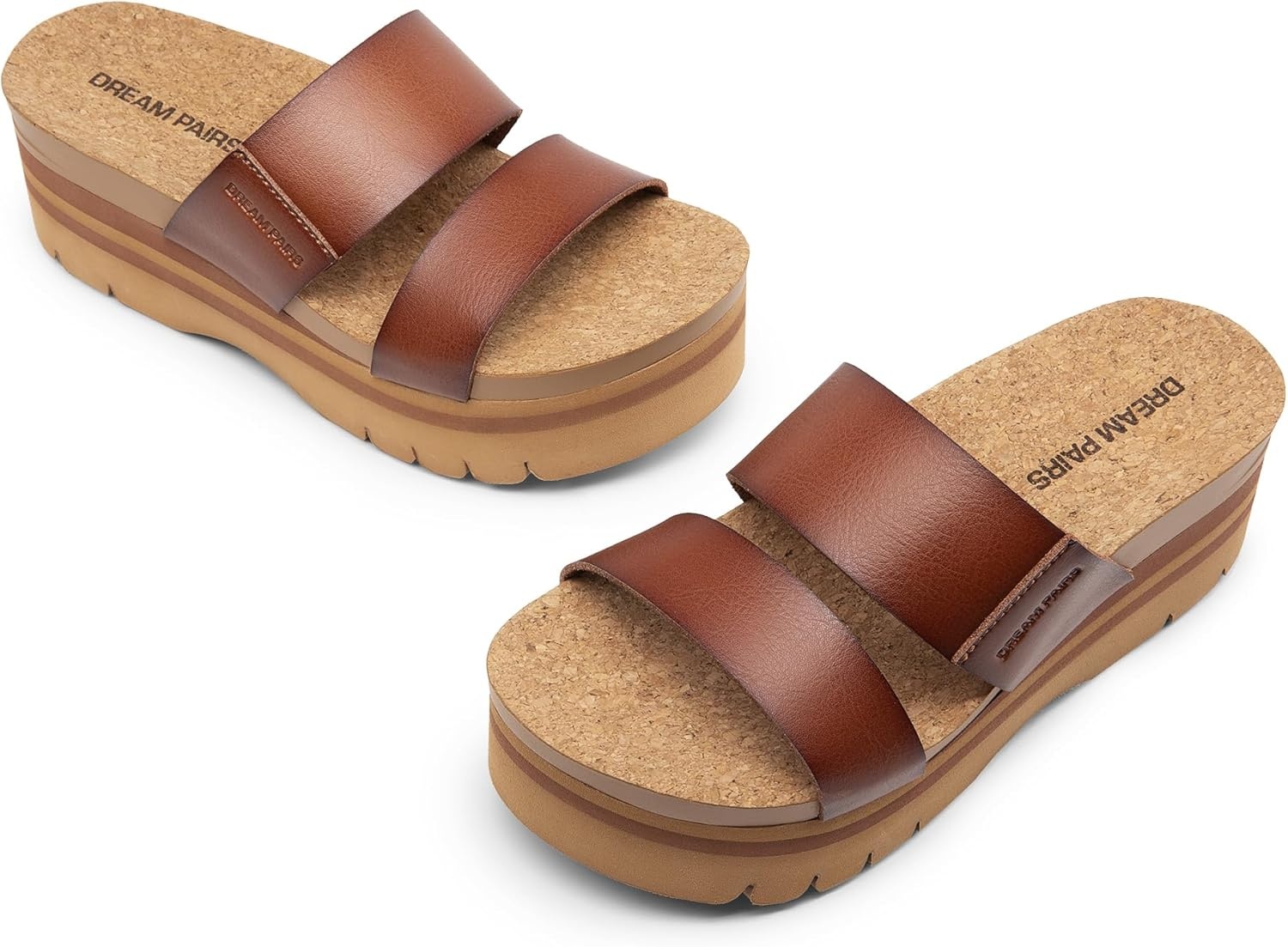 image:imageDREAM PAIRS Womens Platform Slides Sandals Comfortable Arch Support Two Strap Slip On Fashion Beach Wedge SandalsBrown