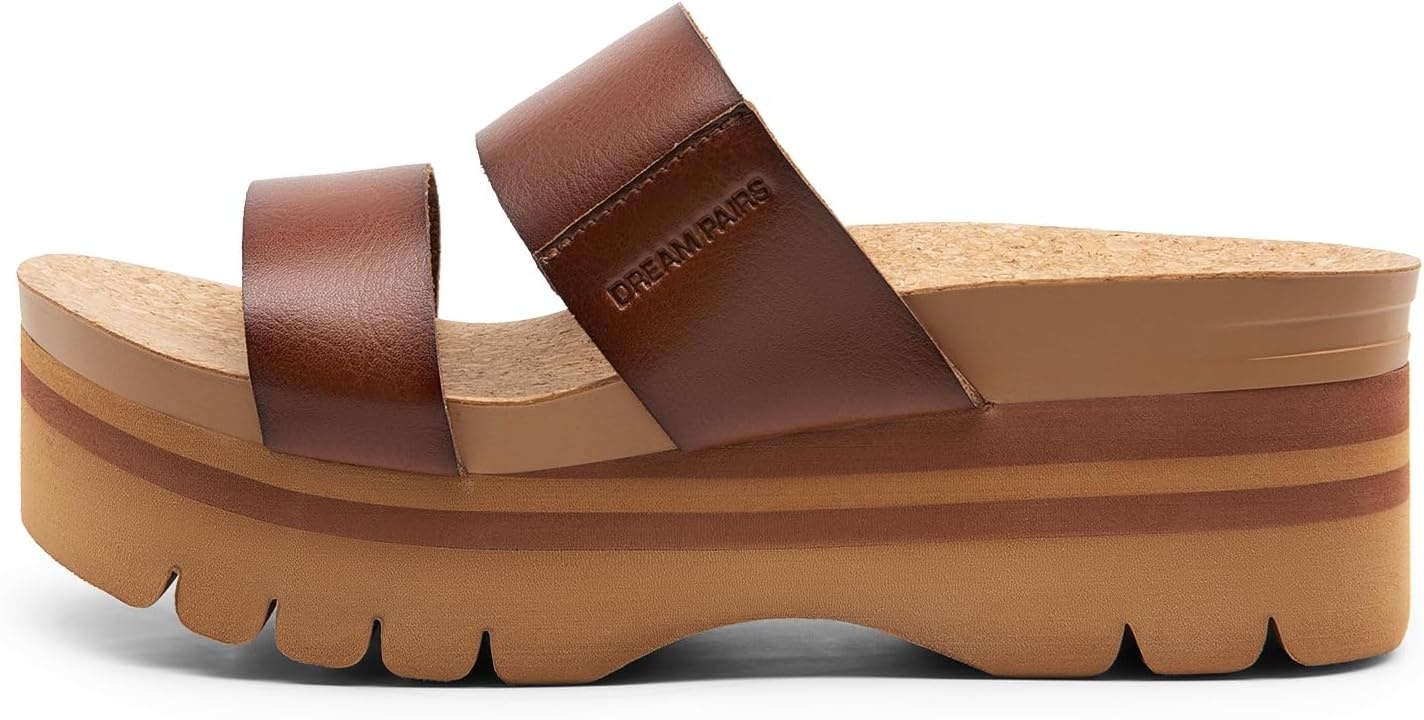 image:imageDREAM PAIRS Womens Platform Slides Sandals Comfortable Arch Support Two Strap Slip On Fashion Beach Wedge SandalsBrown