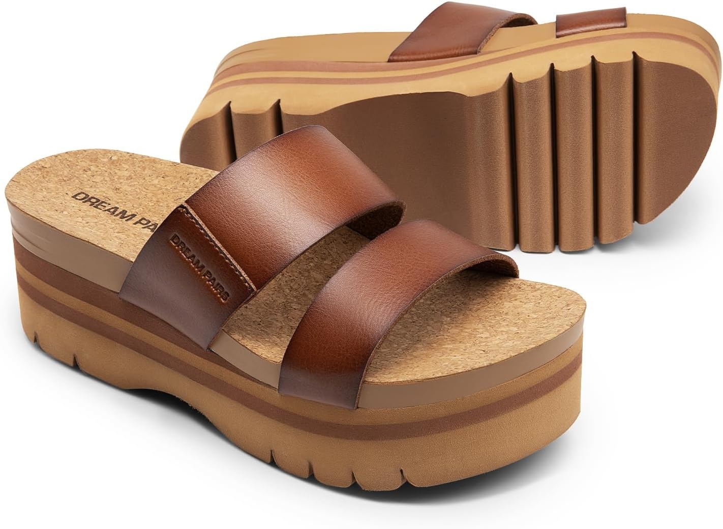 image:imageDREAM PAIRS Womens Platform Slides Sandals Comfortable Arch Support Two Strap Slip On Fashion Beach Wedge SandalsBrown