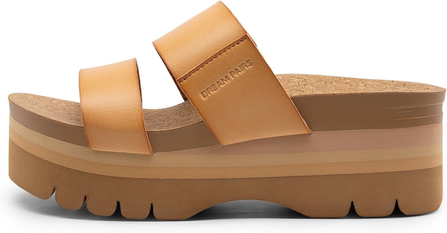 image:imageDREAM PAIRS Womens Platform Slides Sandals Comfortable Arch Support Two Strap Slip On Fashion Beach Wedge SandalsNatural