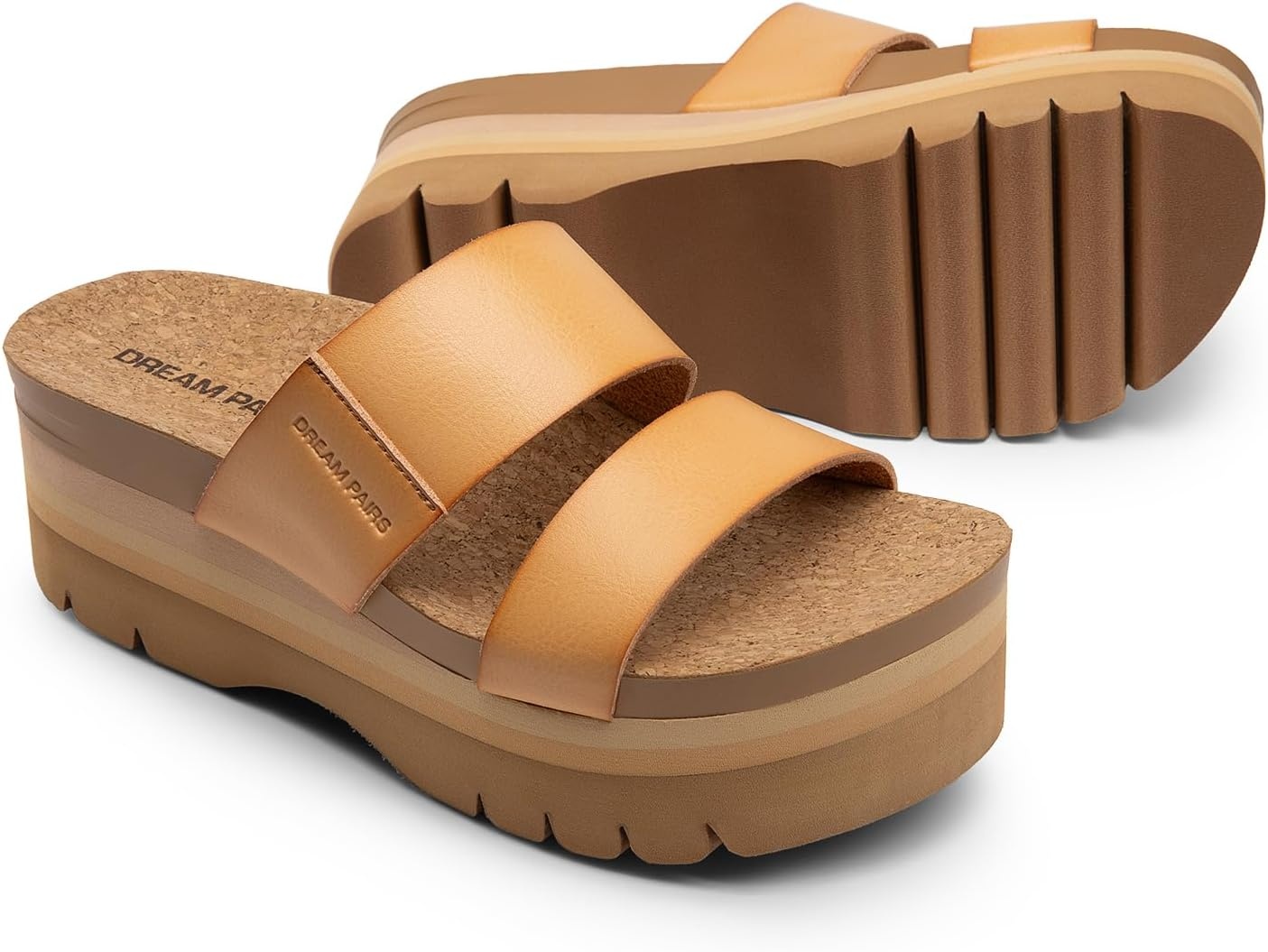 image:imageDREAM PAIRS Womens Platform Slides Sandals Comfortable Arch Support Two Strap Slip On Fashion Beach Wedge SandalsNatural