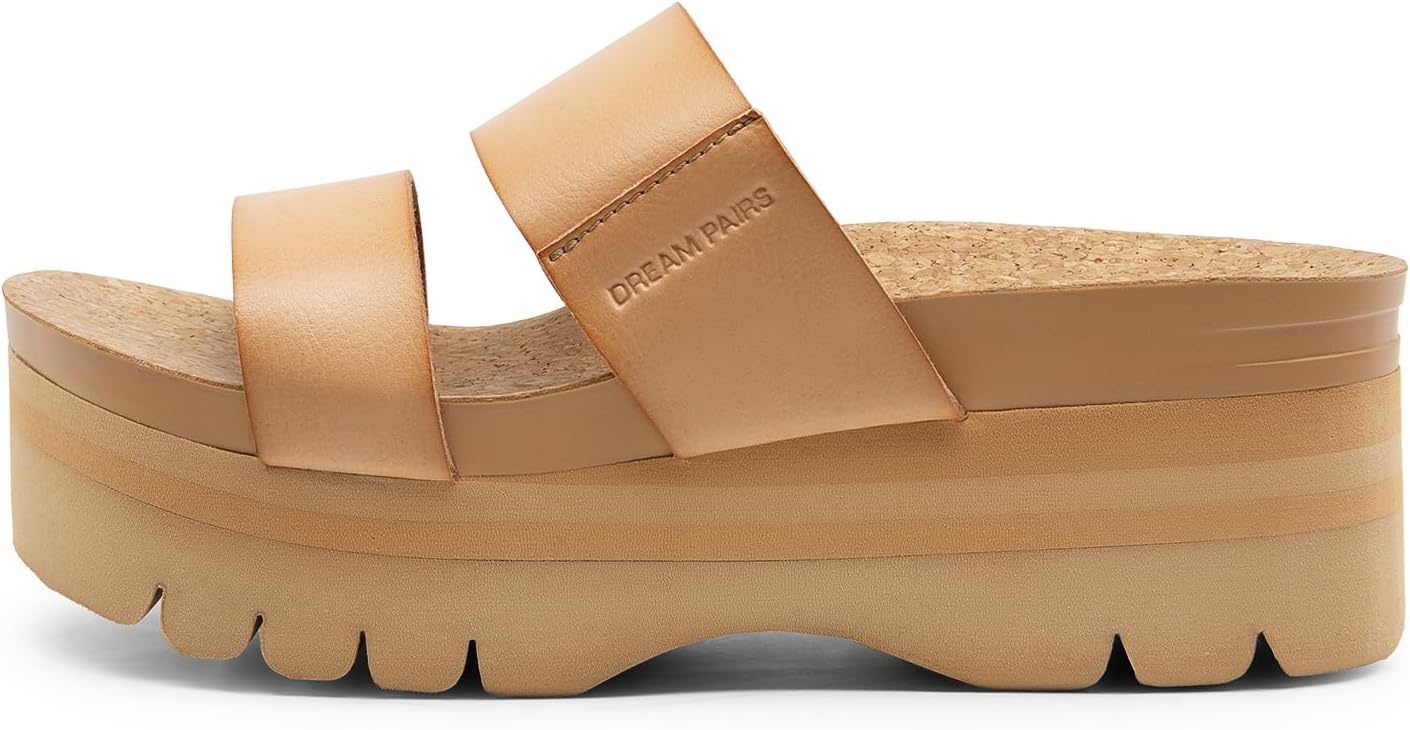 image:imageDREAM PAIRS Womens Platform Slides Sandals Comfortable Arch Support Two Strap Slip On Fashion Beach Wedge SandalsNude