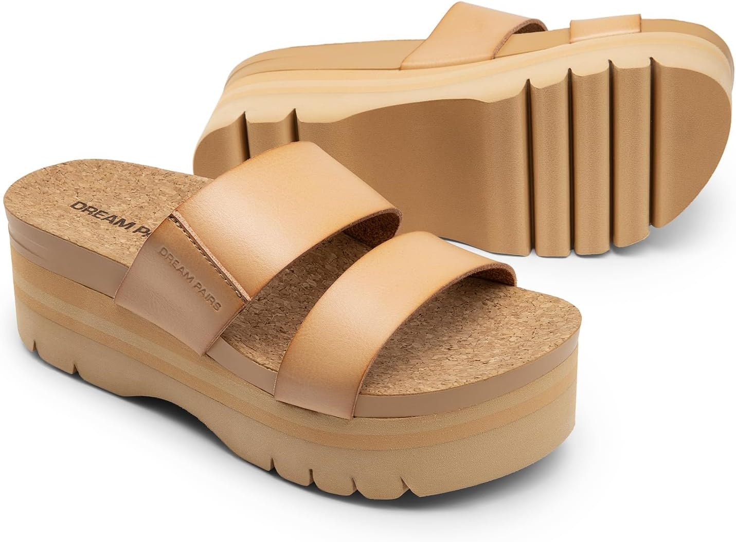 image:imageDREAM PAIRS Womens Platform Slides Sandals Comfortable Arch Support Two Strap Slip On Fashion Beach Wedge SandalsNude