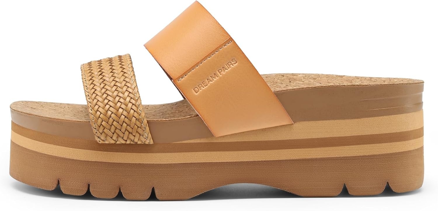 image:imageDREAM PAIRS Womens Platform Slides Sandals Comfortable Arch Support Two Strap Slip On Fashion Beach Wedge SandalsTan