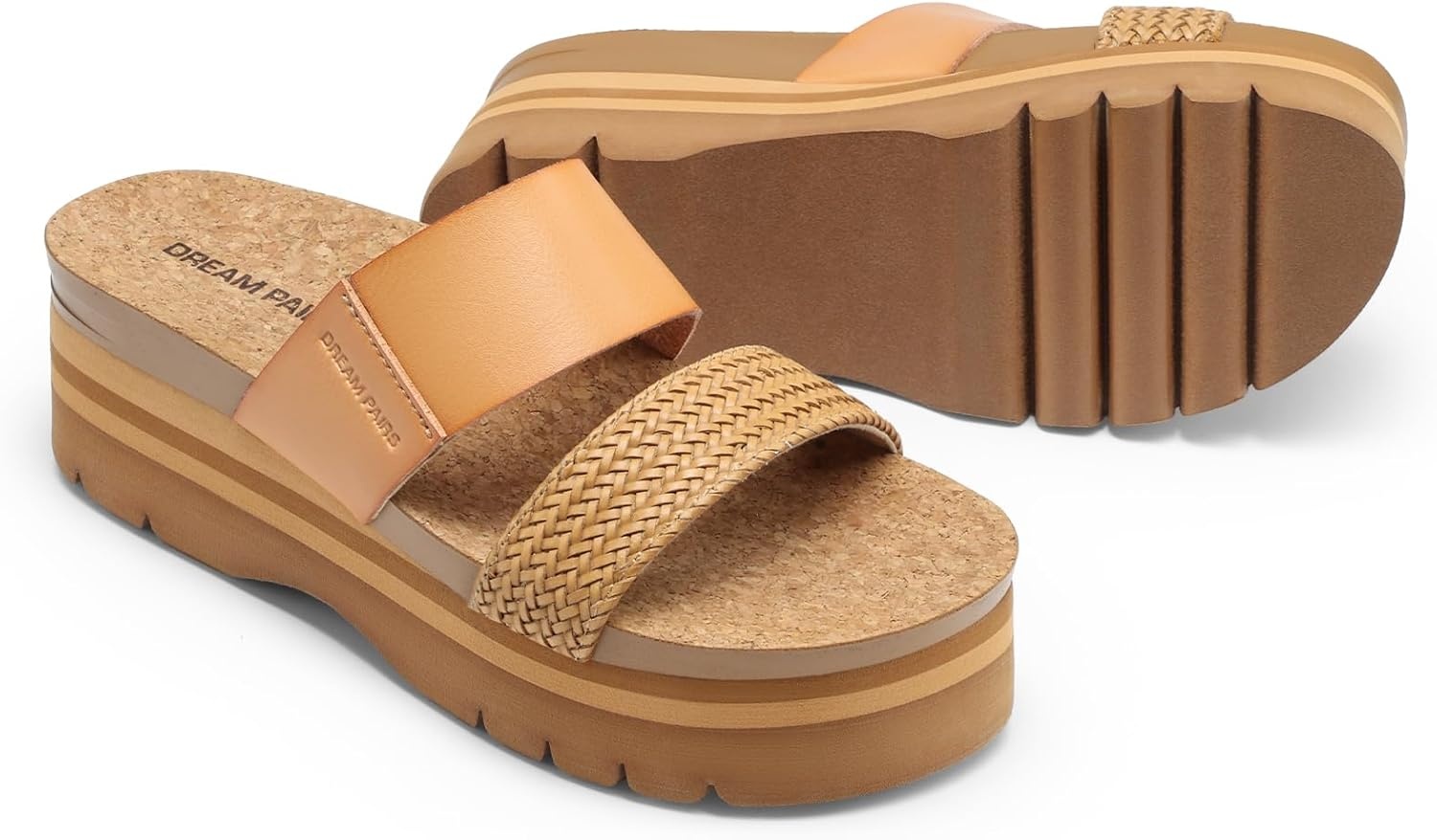 image:imageDREAM PAIRS Womens Platform Slides Sandals Comfortable Arch Support Two Strap Slip On Fashion Beach Wedge SandalsTan
