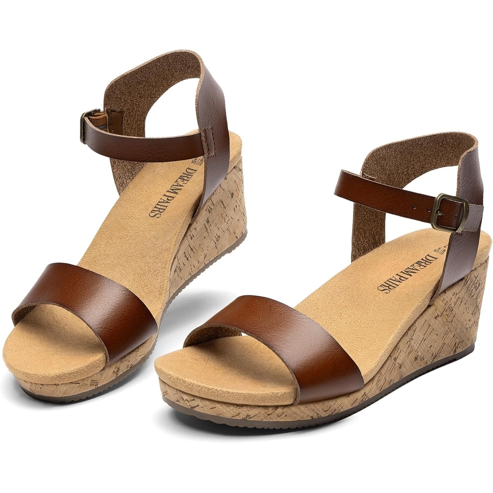image:imageDREAM PAIRS Womens Open Toe Buckle Ankle Strap Platform Wedge Sandals for Women Summer Dressy ShoesBrownpu