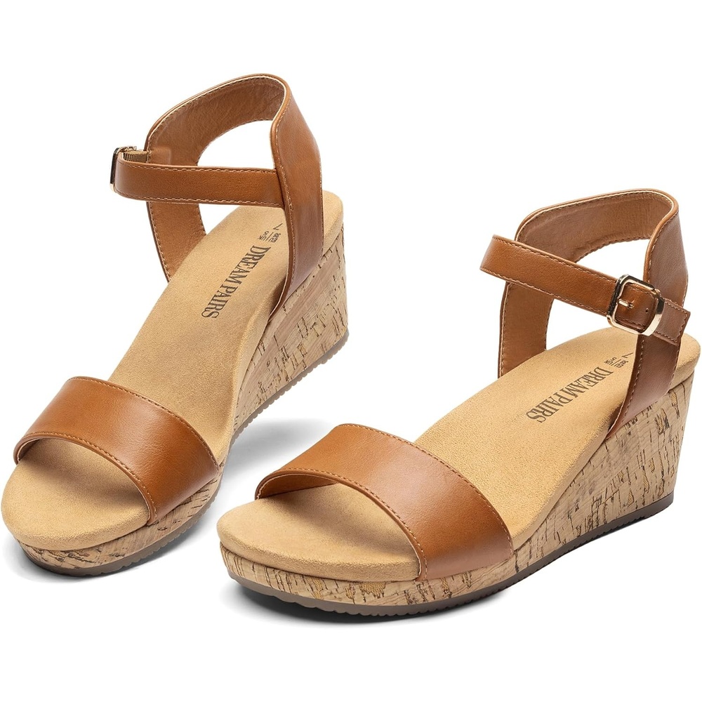 image:imageDREAM PAIRS Womens Open Toe Buckle Ankle Strap Platform Wedge Sandals for Women Summer Dressy ShoesCamelPu