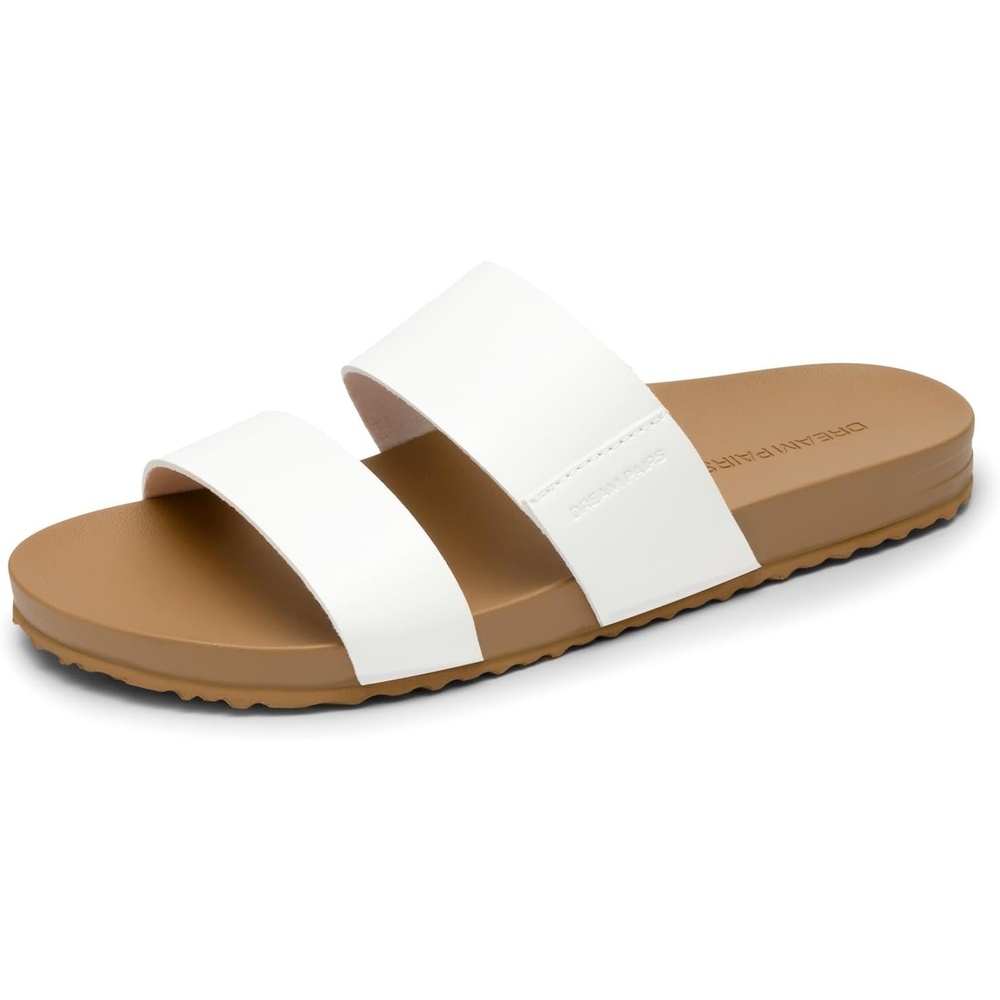 image:imageDREAM PAIRS Womens Open Toe Slides Sandals Comfortable Arch Support Footbed Two Strap Slipon Fashion Casual Beach Vacation Lightweight Flat Sandals Summer for WomenWhite