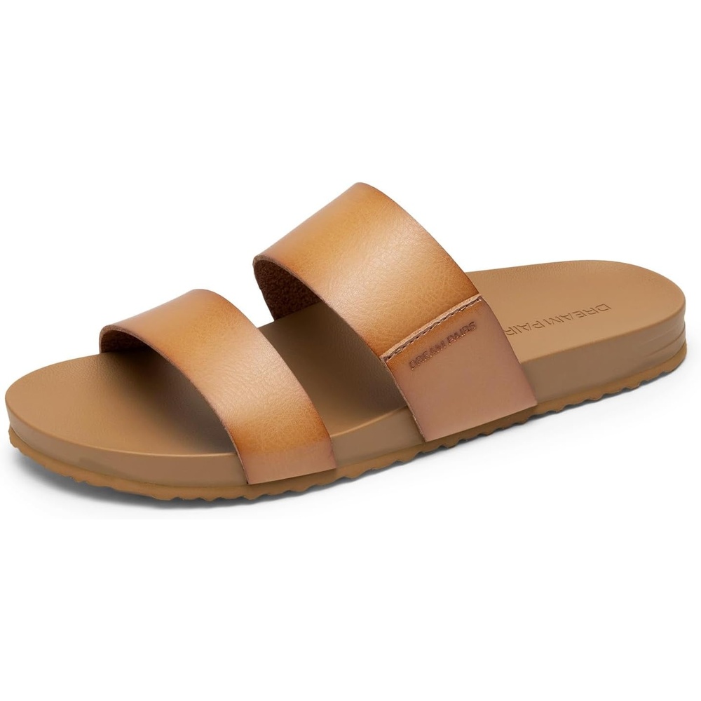 image:imageDREAM PAIRS Womens Open Toe Slides Sandals Comfortable Arch Support Footbed Two Strap Slipon Fashion Casual Beach Vacation Lightweight Flat Sandals Summer for WomenNatural