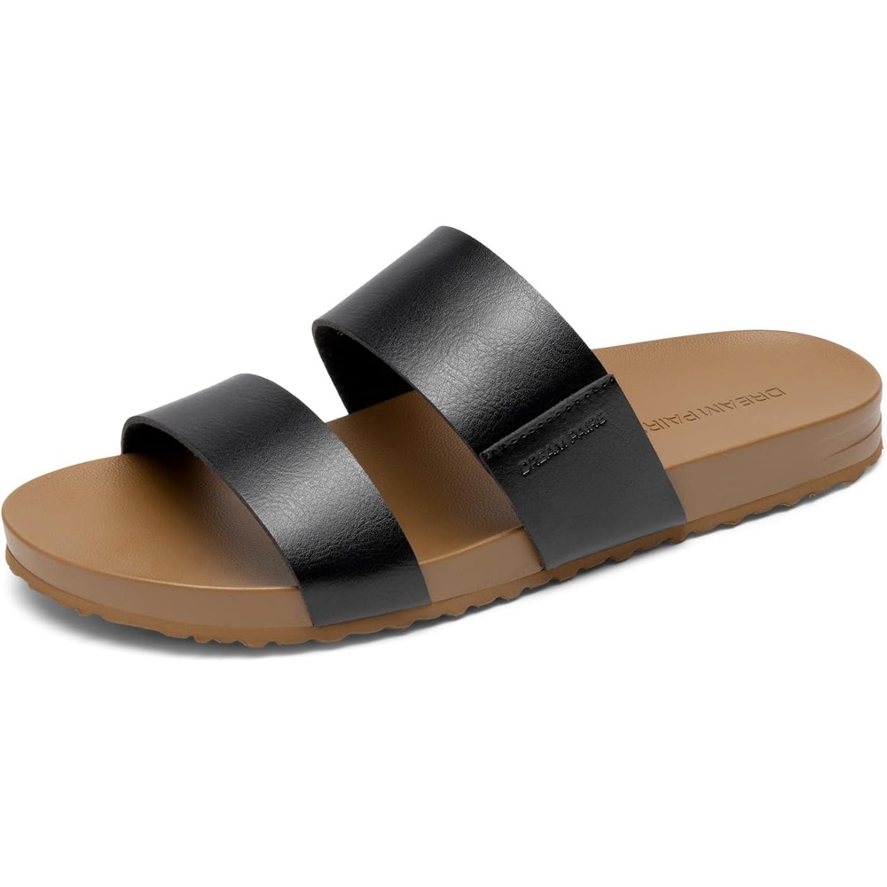 image:imageDREAM PAIRS Womens Open Toe Slides Sandals Comfortable Arch Support Footbed Two Strap Slipon Fashion Casual Beach Vacation Lightweight Flat Sandals Summer for WomenBlack