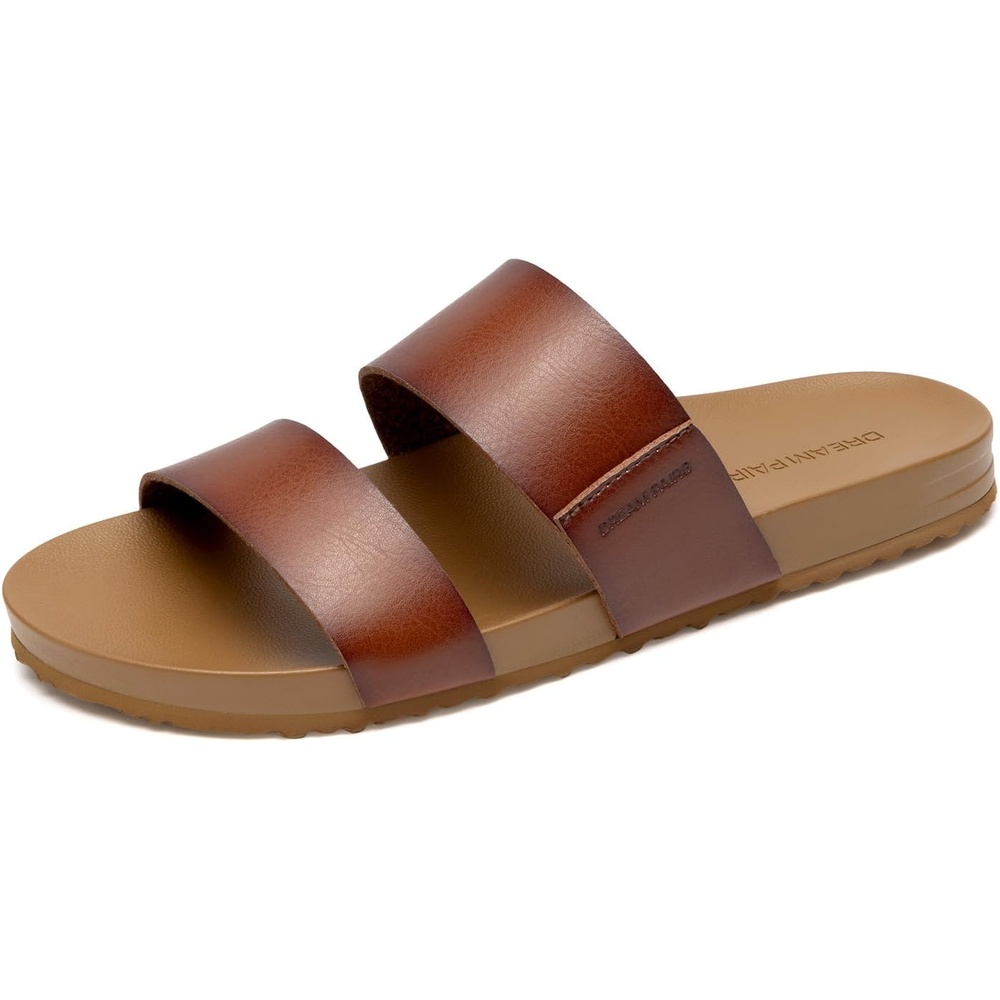 image:imageDREAM PAIRS Womens Open Toe Slides Sandals Comfortable Arch Support Footbed Two Strap Slipon Fashion Casual Beach Vacation Lightweight Flat Sandals Summer for WomenBrown