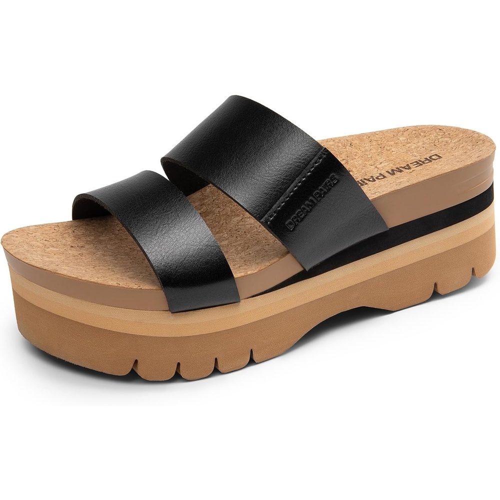 image:imageDREAM PAIRS Womens Platform Slides Sandals Comfortable Arch Support Two Strap Slip On Fashion Beach Wedge SandalsBlack