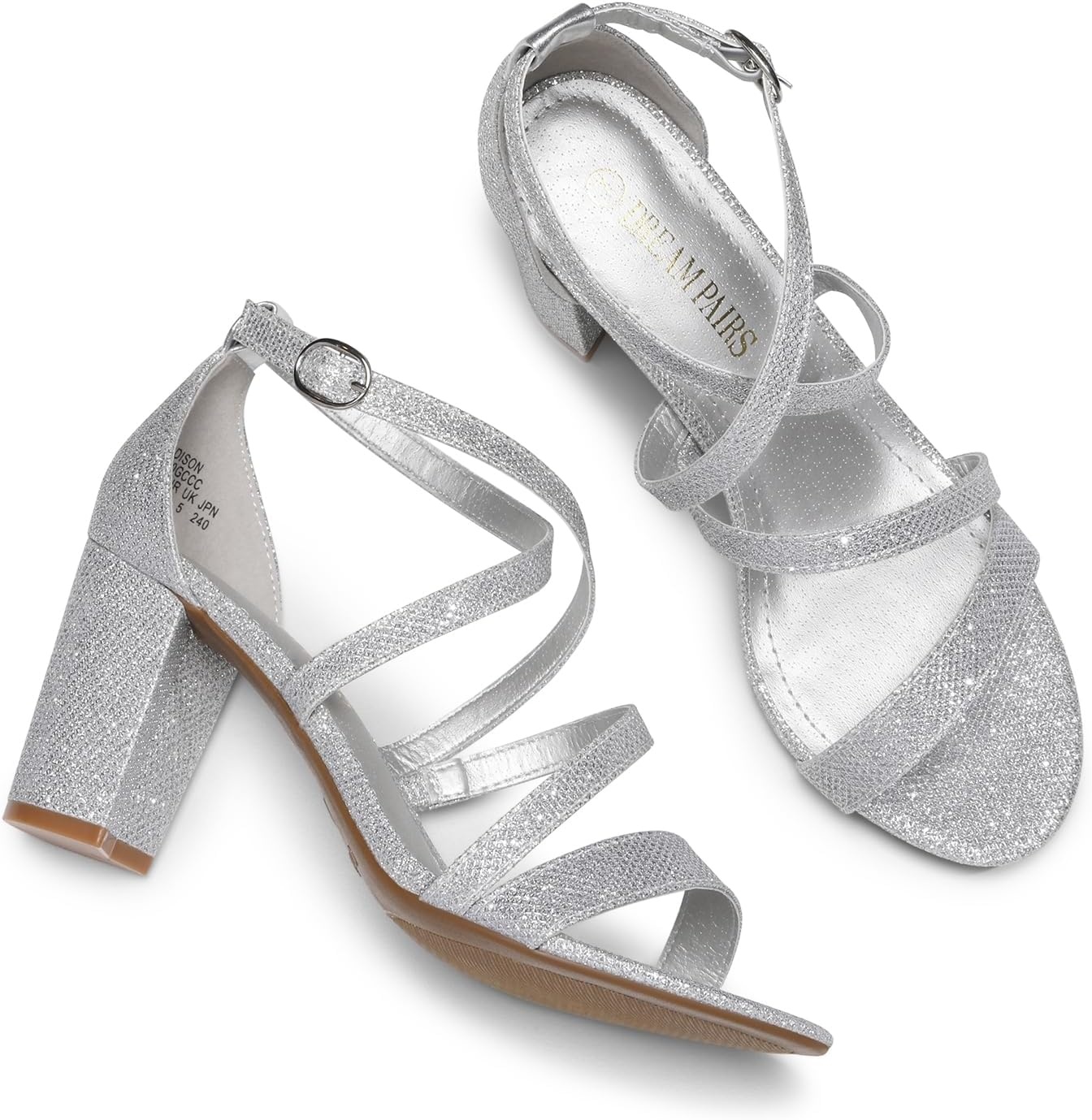 image:imageDREAM PAIRS Womens Block Chunky Heels Sandals Open Toe Ankle Strappy Comfortable Dressy Sandals for Bridal Wedding Prom Party with Adjustable Cross StrapSilverGlitter