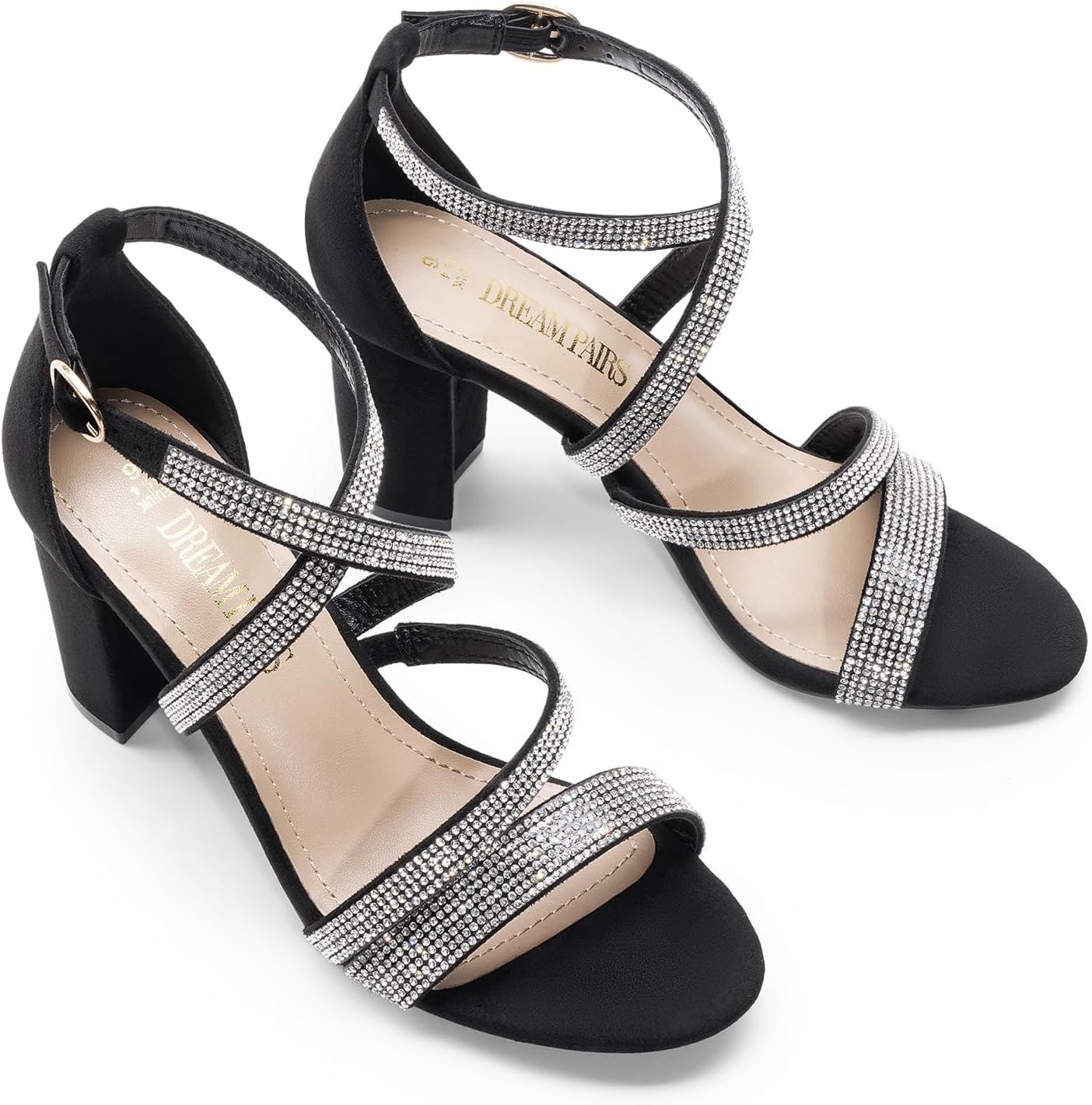 image:imageDREAM PAIRS Womens Block Chunky Heels Sandals Open Toe Ankle Strappy Comfortable Dressy Sandals for Bridal Wedding Prom Party with Adjustable Cross StrapBlackrhinestone