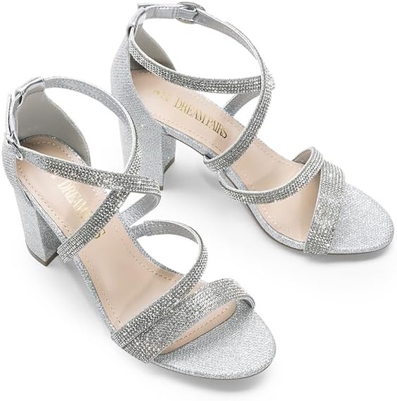 image:imageDREAM PAIRS Womens Block Chunky Heels Sandals Open Toe Ankle Strappy Comfortable Dressy Sandals for Bridal Wedding Prom Party with Adjustable Cross StrapSilverrhinestone