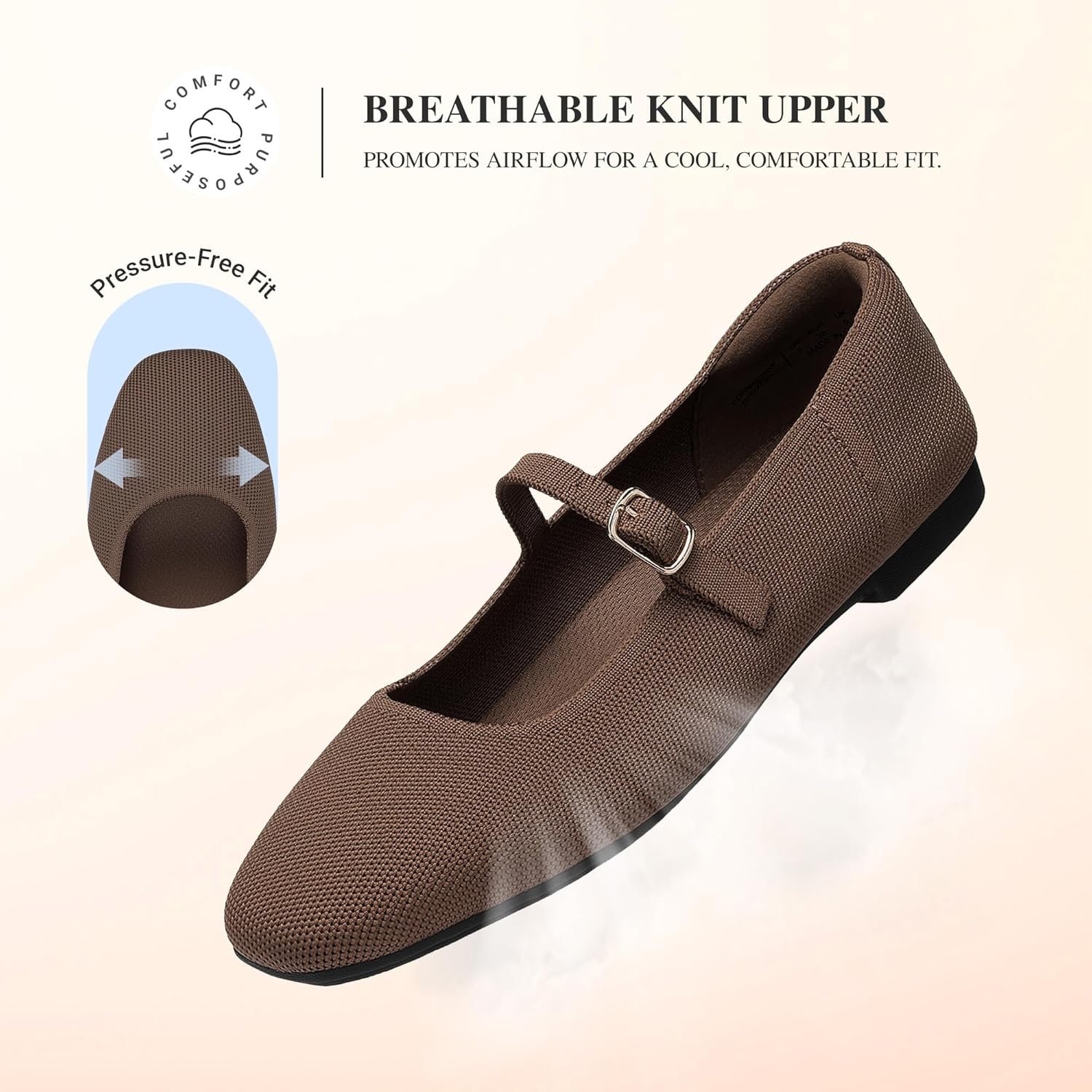 image:imageDREAM PAIRS Womens Mary Jane Ballet Flats Comfortable Knit Square Toe Dressy Shoes with Adjustable Buckle Breathable Foldable Arch Support for Work Office BusinessBrown