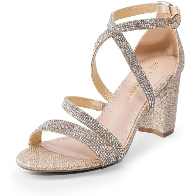 image:imageDREAM PAIRS Womens Block Chunky Heels Sandals Open Toe Ankle Strappy Comfortable Dressy Sandals for Bridal Wedding Prom Party with Adjustable Cross StrapGoldrhinestone