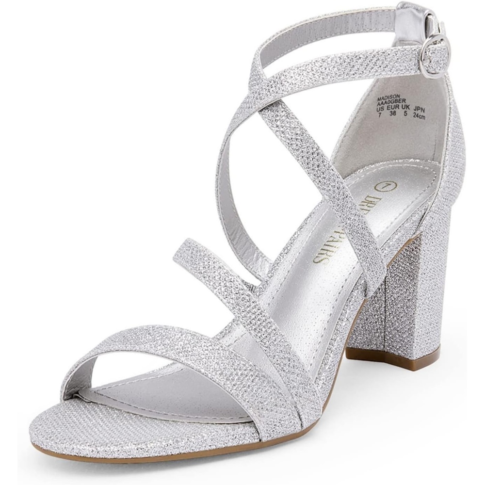 image:imageDREAM PAIRS Womens Block Chunky Heels Sandals Open Toe Ankle Strappy Comfortable Dressy Sandals for Bridal Wedding Prom Party with Adjustable Cross StrapSilverGlitter