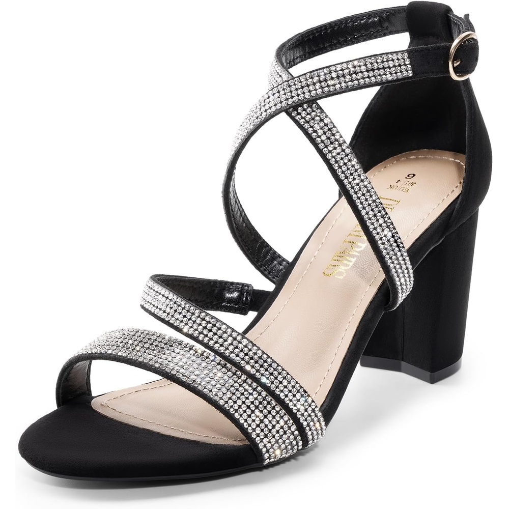image:imageDREAM PAIRS Womens Block Chunky Heels Sandals Open Toe Ankle Strappy Comfortable Dressy Sandals for Bridal Wedding Prom Party with Adjustable Cross StrapBlackrhinestone