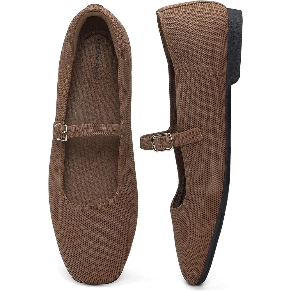 image:imageDREAM PAIRS Womens Mary Jane Ballet Flats Comfortable Knit Square Toe Dressy Shoes with Adjustable Buckle Breathable Foldable Arch Support for Work Office BusinessBrown