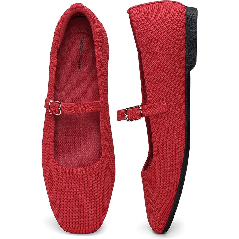 image:imageDREAM PAIRS Womens Mary Jane Ballet Flats Comfortable Knit Square Toe Dressy Shoes with Adjustable Buckle Breathable Foldable Arch Support for Work Office BusinessRed