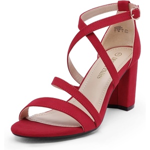 DREAM PAIRS Women’s Block Chunky Heels Sandals Open Toe Ankle Strappy Comfortable Dressy Sandals for Bridal Wedding Prom Party with Adjustable Cross Strap(Red/Suede)