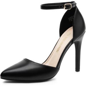 DREAM PAIRS Escarpins Femme à Bout Pointu, Talons Aiguilles 10 cm avec Bride Cheville, Chaussures Élégantes pour Mariage, Soirée ou Sortie Habillée(Noir Pu)