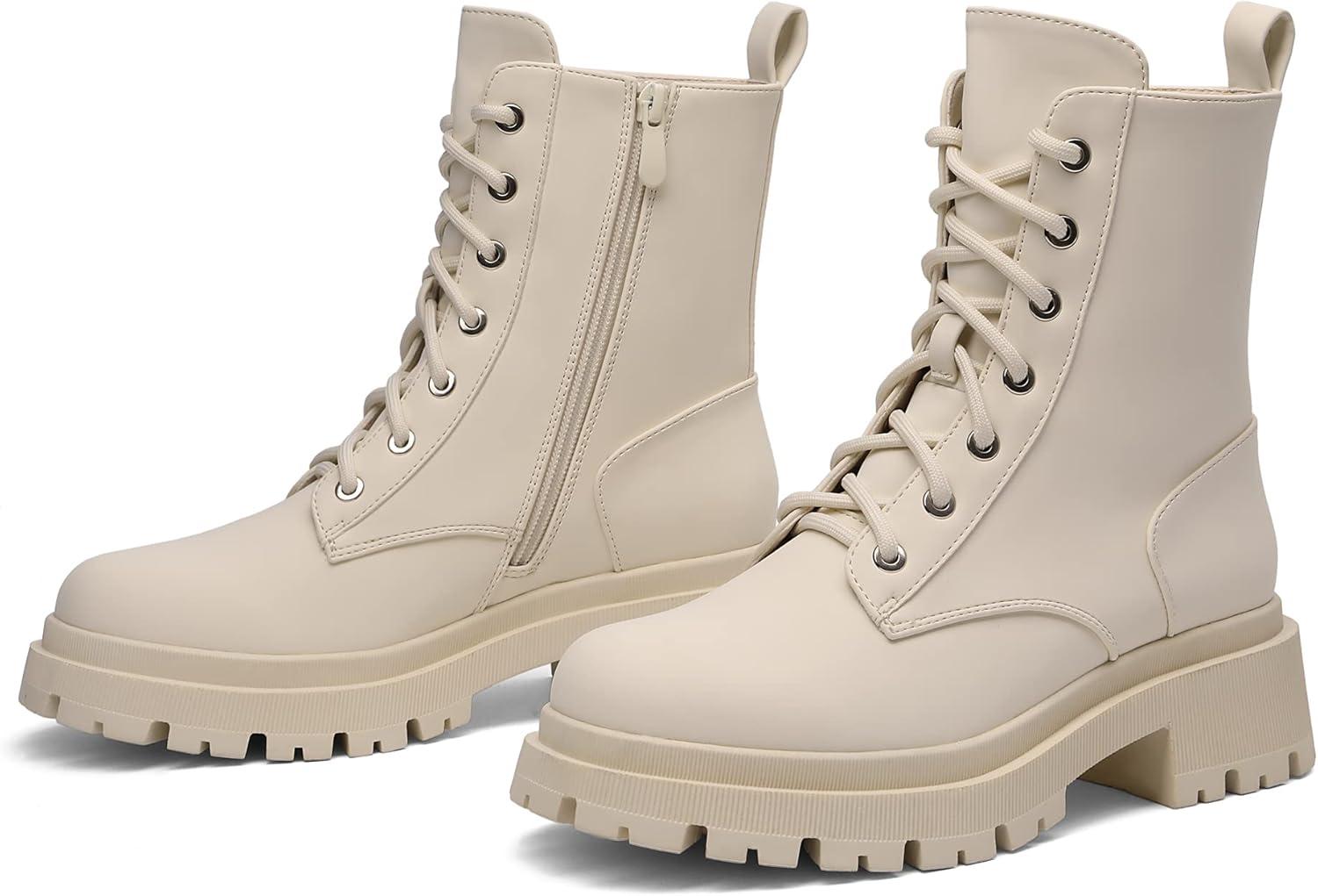 imageDREAM PAIRS Bottines Femme MiMollet avec Fermeture Eclair Tendance Comfortable Bottes Lacets avec Talon Large et Doublure ChaudeBeige