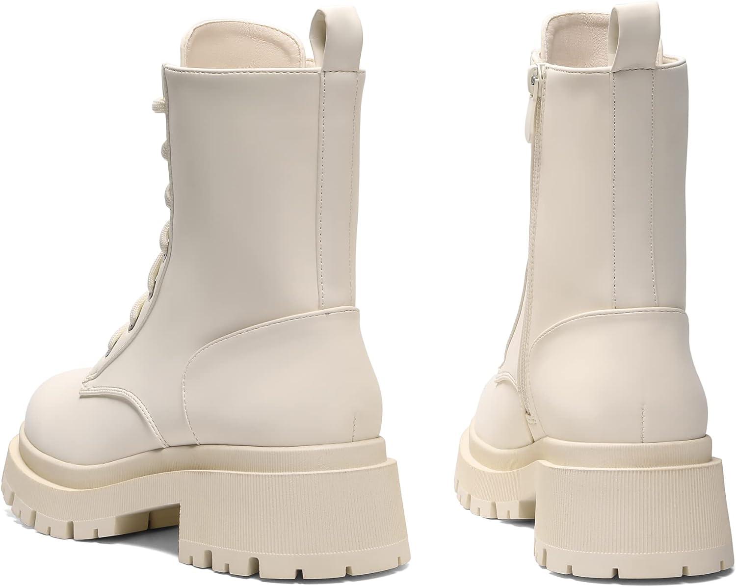 imageDREAM PAIRS Bottines Femme MiMollet avec Fermeture Eclair Tendance Comfortable Bottes Lacets avec Talon Large et Doublure ChaudeBeige