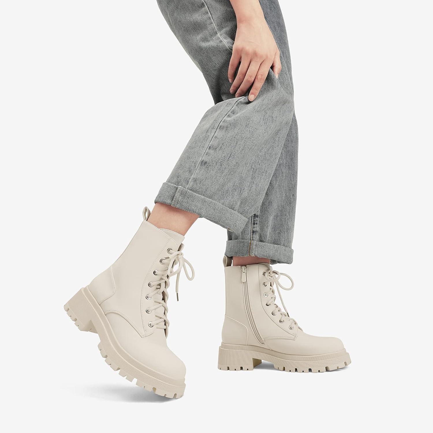 imageDREAM PAIRS Bottines Femme MiMollet avec Fermeture Eclair Tendance Comfortable Bottes Lacets avec Talon Large et Doublure ChaudeBeige