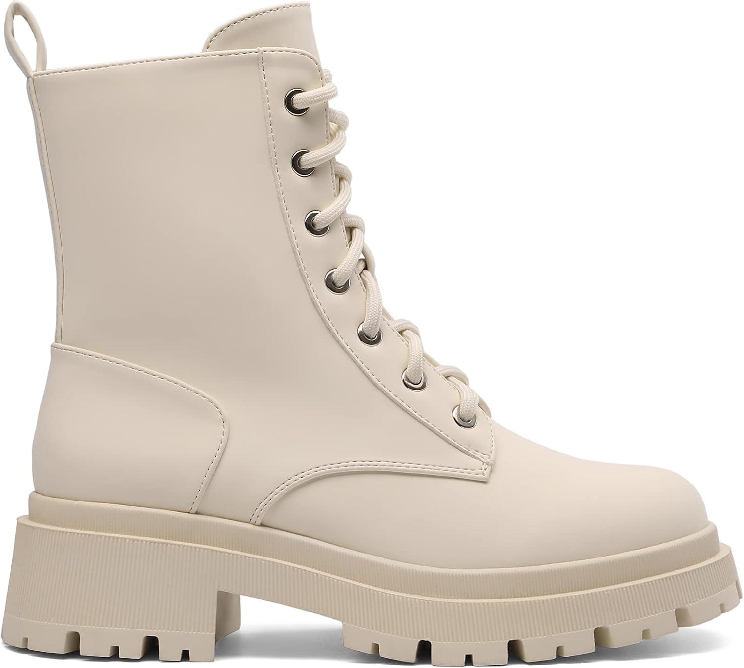 imageDREAM PAIRS Bottines Femme MiMollet avec Fermeture Eclair Tendance Comfortable Bottes Lacets avec Talon Large et Doublure ChaudeBeige
