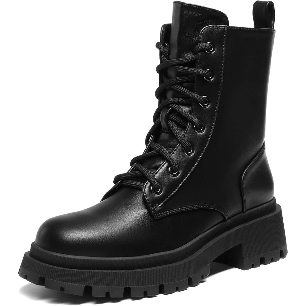 imageDREAM PAIRS Bottines Femme MiMollet avec Fermeture Eclair Tendance Comfortable Bottes Lacets avec Talon Large et Doublure ChaudeNoir Pu
