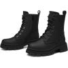 DREAM PAIRS Bottines Femme Mi-Mollet avec Fermeture Eclair Tendance Comfortable Bottes à Lacets avec Talon Large et Doublure Chaude(Noir Silk Pu)