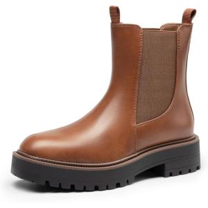 DREAM PAIRS Bottes Femme Chelsea Confortables à Talon Bas Chaussures à Enfiler Style Classique Bottines à Cheville pour Automne Hiver(Marron Pu)