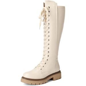 DREAM PAIRS Bottes Hautes au Genou pour Femmes Chaussures Longues à Lacets Bottes Décontractées à la Mode(Beige)