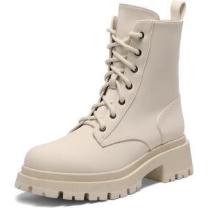 DREAM PAIRS Bottines Femme Mi-Mollet avec Fermeture Eclair Tendance Comfortable Bottes à Lacets avec Talon Large et Doublure Chaude(Beige)
