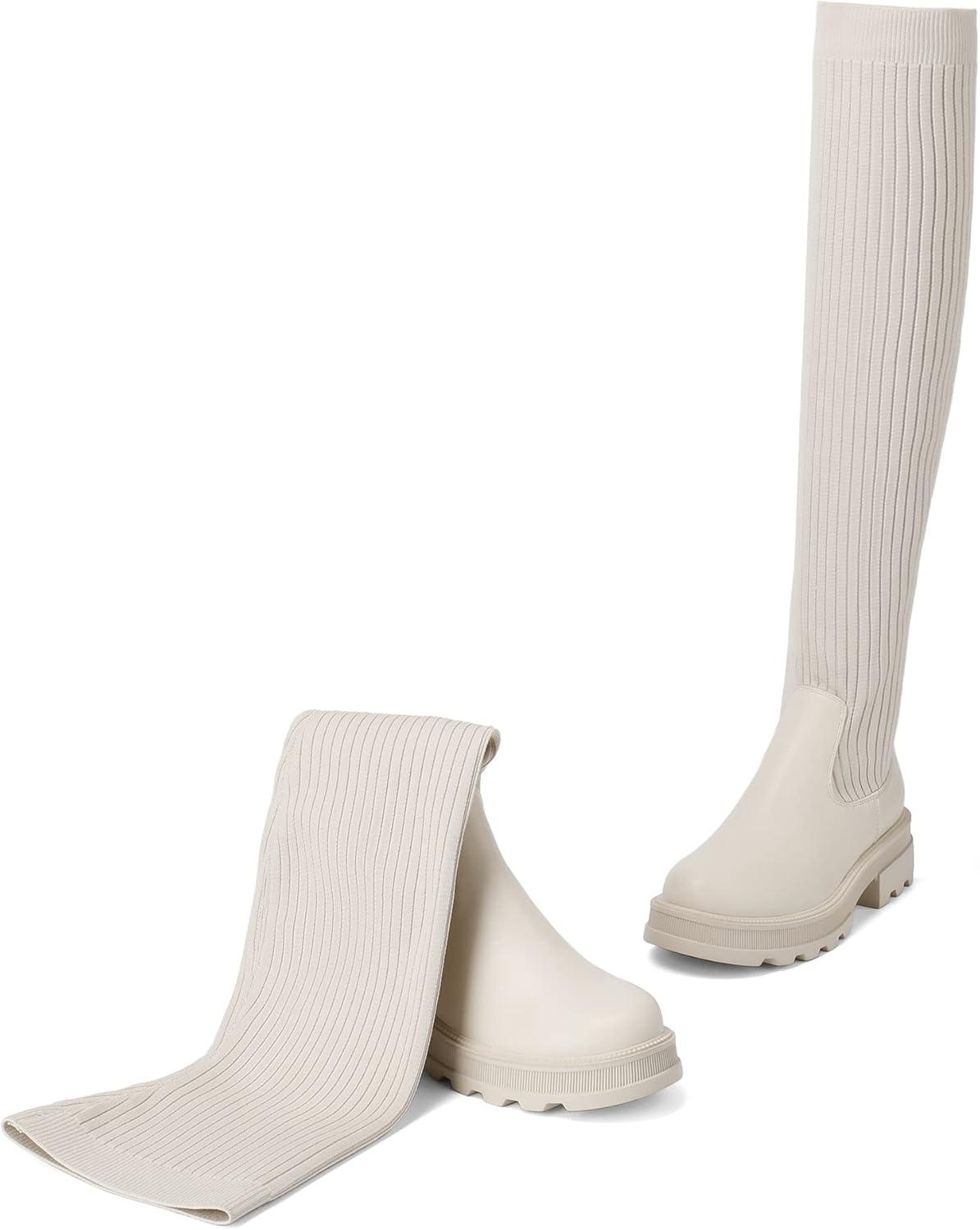 imageDREAM PAIRS Bottes auDessus du Genou pour Femmes Cuissardes la Mode Coque Tricote en TPR Durable Confortable Botte sur Le GenouBeige