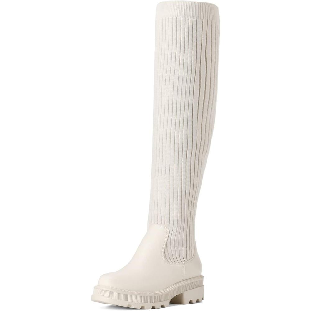 imageDREAM PAIRS Bottes auDessus du Genou pour Femmes Cuissardes la Mode Coque Tricote en TPR Durable Confortable Botte sur Le GenouBeige