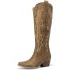 DREAM PAIRS Bottes Femme Hautes Western, Bottes Cowboy jusqu’au Genou avec Broderie Vintage Confortables Style Cowgirl Knee High Boots(Bronzer)