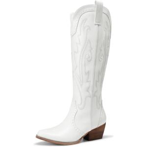 DREAM PAIRS Bottes Femme Hautes Western, Bottes Cowboy jusqu’au Genou avec Broderie Vintage Confortables Style Cowgirl Knee High Boots(Blanc)
