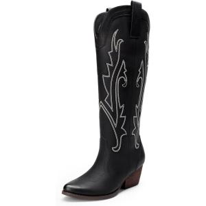 DREAM PAIRS Bottes Femme Hautes Western, Bottes Cowboy jusqu’au Genou avec Broderie Vintage Confortables Style Cowgirl Knee High Boots(Noir)