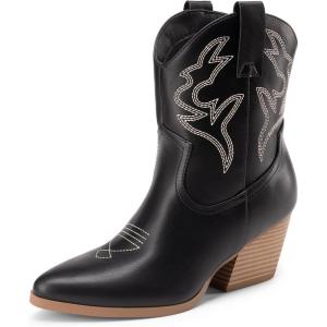 DREAM PAIRS Bottes Femme Western Courtes à Talon Bloc Bas Bout Pointu Bottines Cowboy Cowgirl Brodées Mode pour Automne Hiver(Noir)