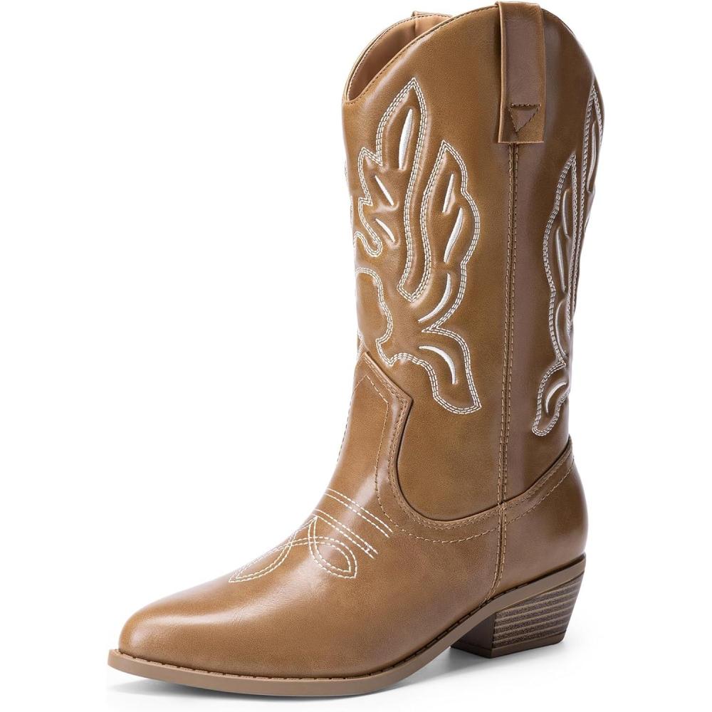 imageDREAM PAIRS Bottes Femme Classique Bottes Western pour Femmes Confortable Bottines Elgantes DWUMMB2419Brun Clair Pu
