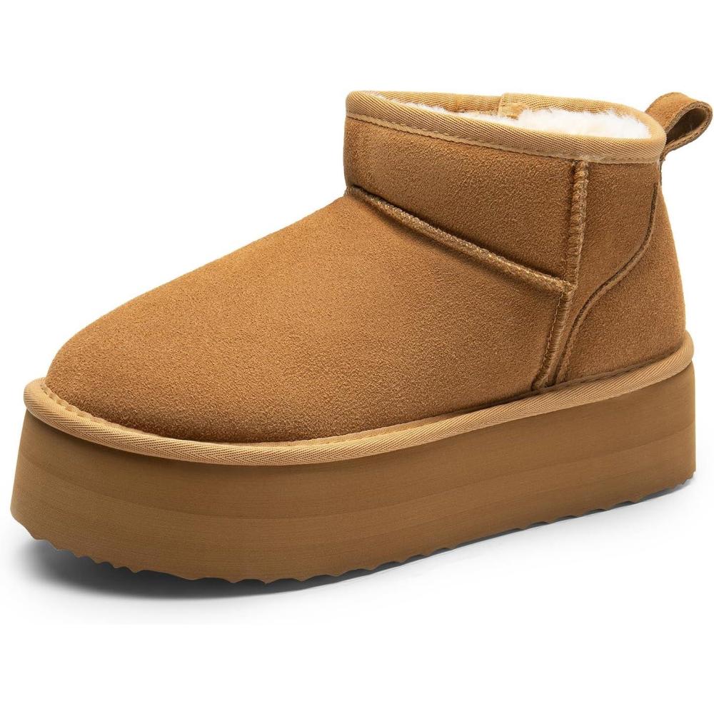 imageDREAM PAIRS Bottes de Neige pour Femmes Classiques Botte de Hiver Confortable et Chaud MiniBottes  Plateforme FuzzyClassicChtaigne