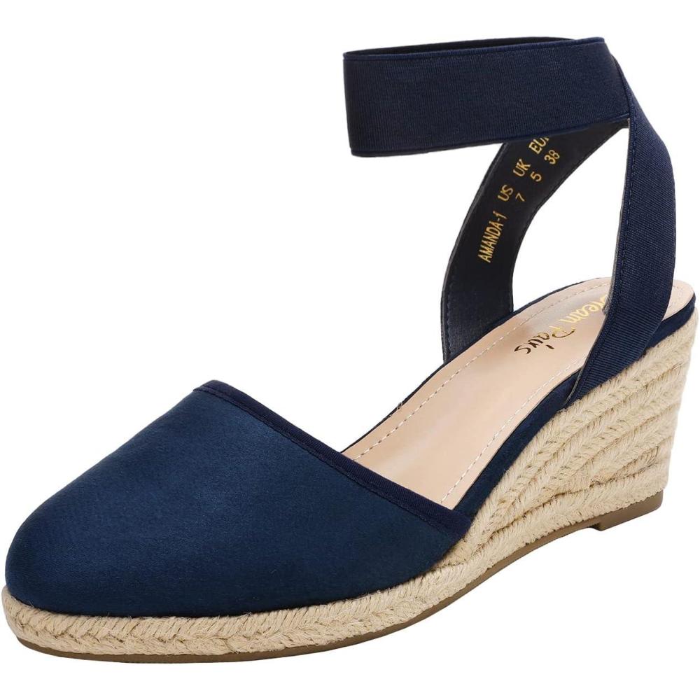 imageDREAM PAIRS Sandales Compenses pour Femmes Bout Ouvert Bride la Cheville Espadrilles Sandale Talon Compens t Classique Amanda1Bleu Marine