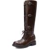 DREAM PAIRS Bottes Hautes Femme Style Motard, Bout Carré, Fermeture Éclair Latérale et Boucles Réglables au Mollet, Confortables et Élégantes(Marron Foncé)