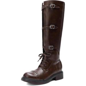 DREAM PAIRS Bottes Hautes Femme Style Motard, Bout Carré, Fermeture Éclair Latérale et Boucles Réglables au Mollet, Confortables et Élégantes(Marron Foncé)